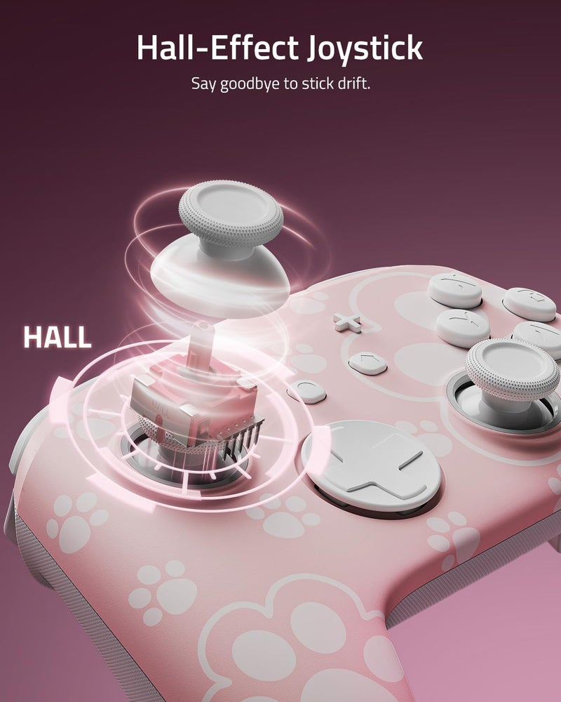 FUNLAB Cute Switch Pro Controller Wireless Compatible with Nintendo Switch 2/OLED/Lite, Grily Hall Effect Controller, Firefly Bluetooth Remote Gamepad Pink with 7 LED Colors/Paddle/Turbo- Cat Paw Pattern - Image 3